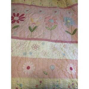 Pottery Barn Kids Patchwork Quilt TWIN Daisy Garden Flowers Embroidered 2 Shams